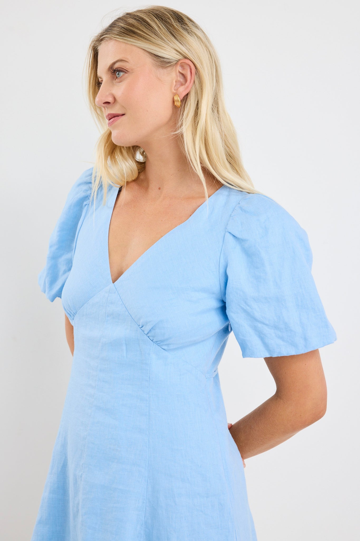 AMONG THE BRAVE ADELAIDE LINEN PUFF SLEEVE PANELED MINI DRESS