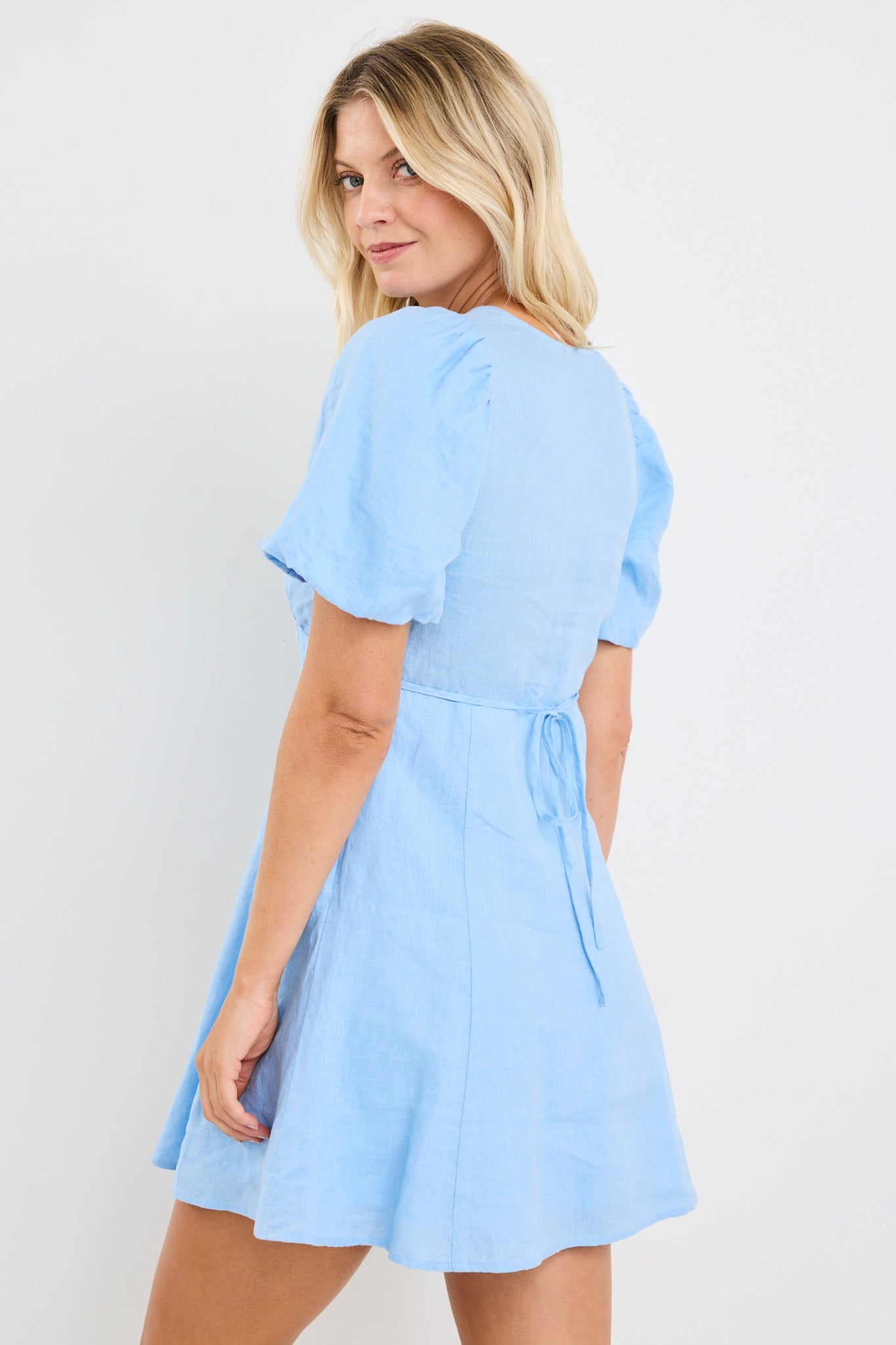 AMONG THE BRAVE ADELAIDE LINEN PUFF SLEEVE PANELED MINI DRESS