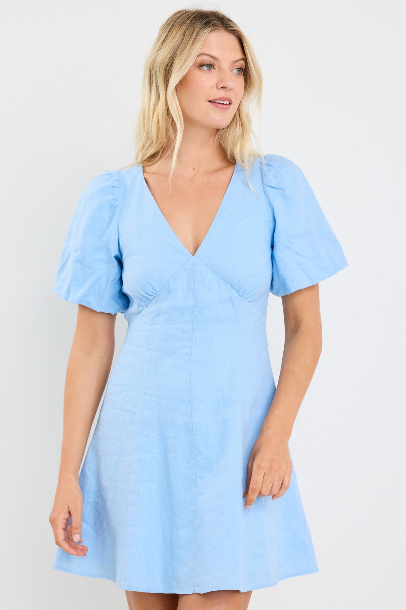 AMONG THE BRAVE ADELAIDE LINEN PUFF SLEEVE PANELED MINI DRESS
