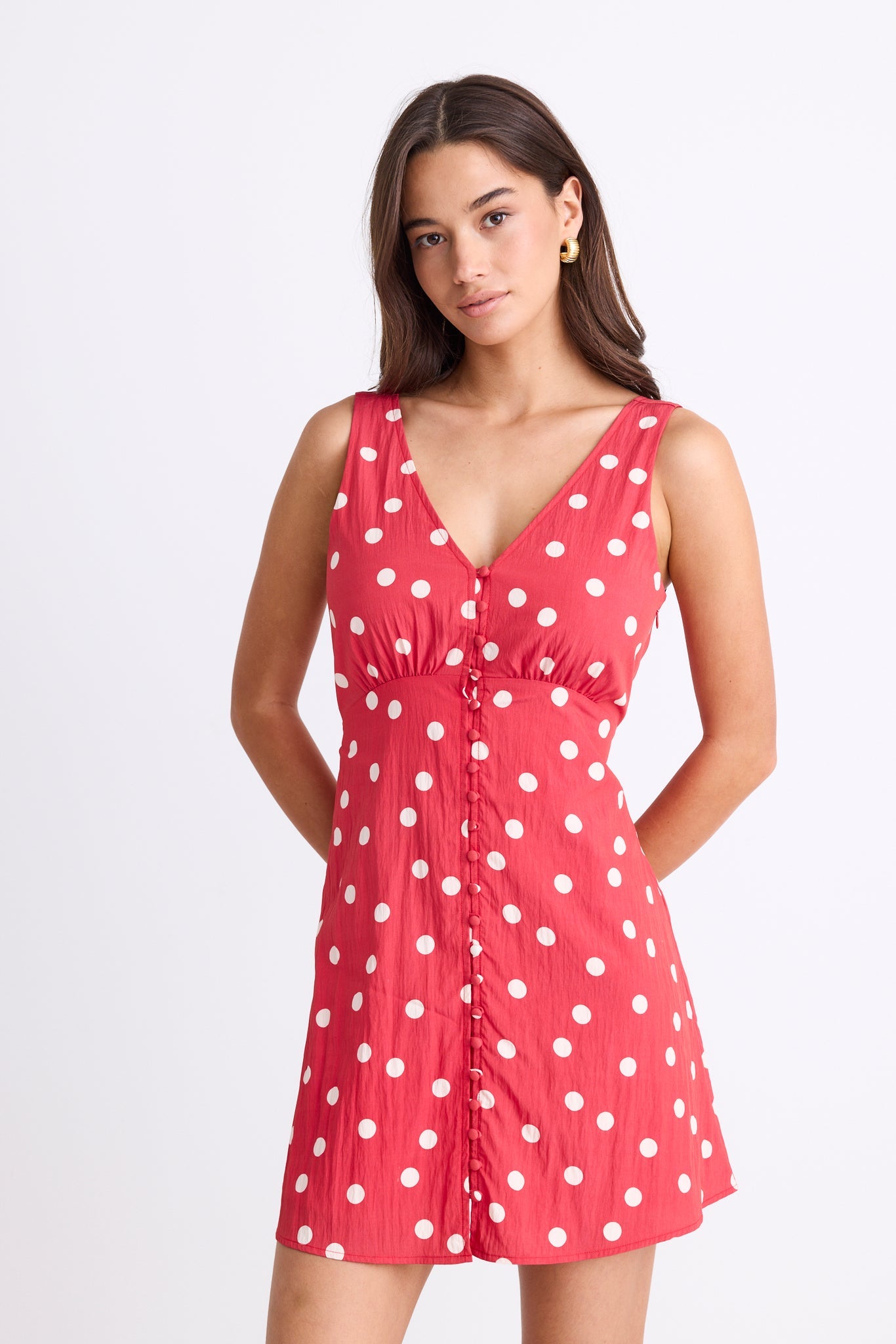 AMONG THE BRAVE ALLORA POPPY POLKA DOT BUTTON FRONT MINI DRESS