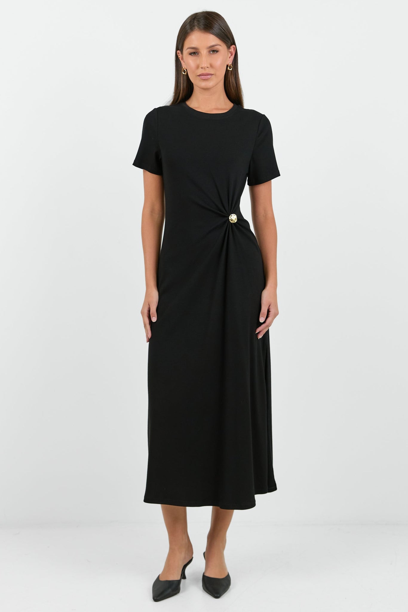 STORIES BE TOLD ANCHOR WAIST BUCKLE SHORT SLEEVE KNIT MAXI DRESS