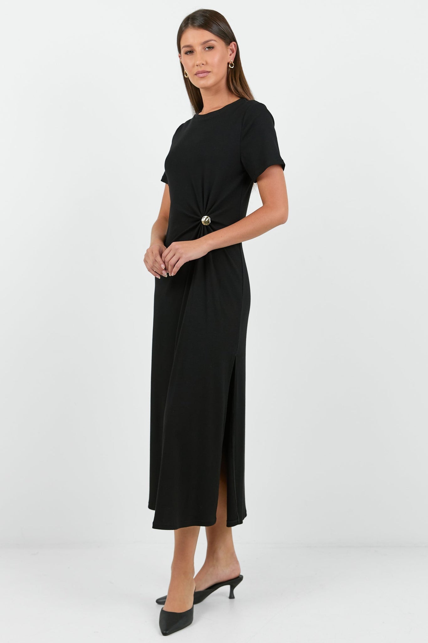 STORIES BE TOLD ANCHOR WAIST BUCKLE SHORT SLEEVE KNIT MAXI DRESS