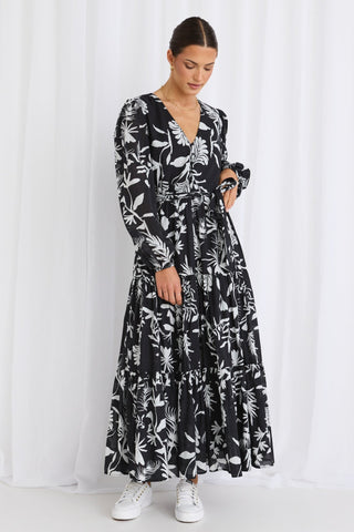 STORIES BE TOLD ARIA LS V NECK TIERED MAXI DRESS