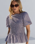 STORIES BE TOLD ARTIFACT MINI GINGHAM SHIRRED BUBBLE SLEEVE TOP