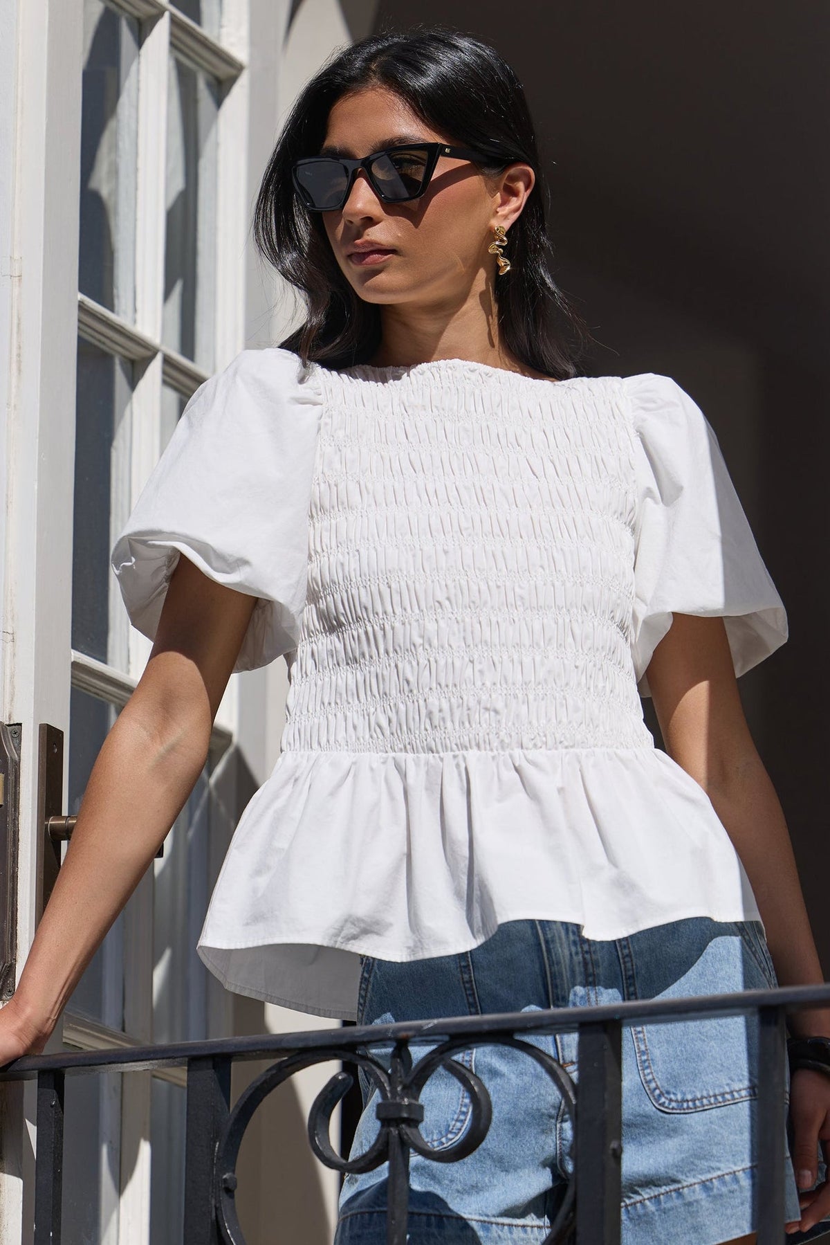 STORIES BE TOLD ARTIFACT POPLIN SHIRRED SLEEVE TOP