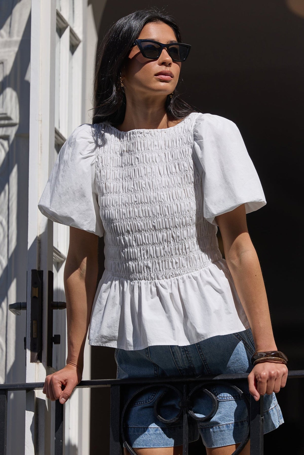 STORIES BE TOLD ARTIFACT POPLIN SHIRRED SLEEVE TOP