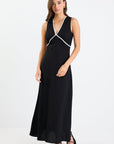 STORIES BE TOLD ASTON BLACK LINEN BLEND CONTRAST BIAS FLARED MAXI DRESS
