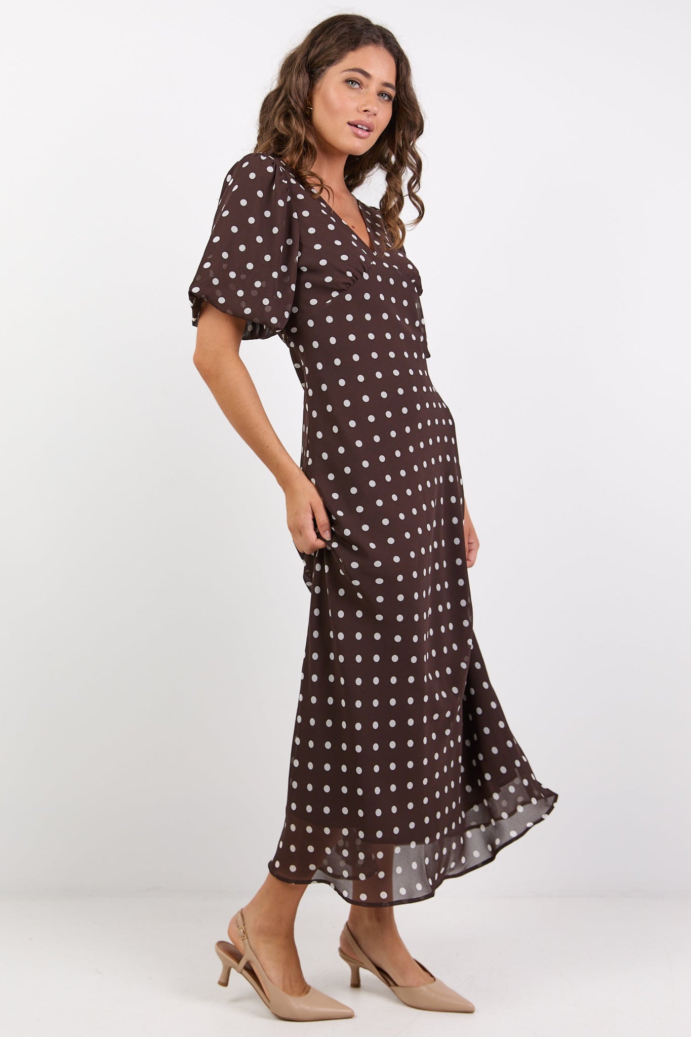 AMONG THE BRAVE AURA POLKA DOT PUFF SHORT SLEEVE BIAS MIDI DRESS