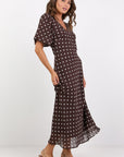 AMONG THE BRAVE AURA POLKA DOT PUFF SHORT SLEEVE BIAS MIDI DRESS