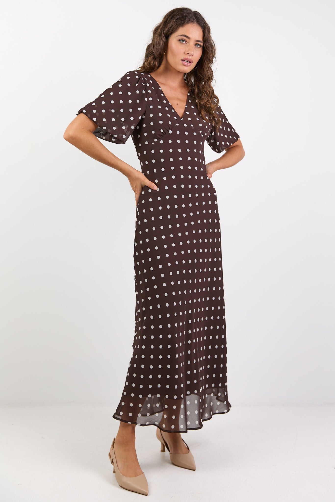 AMONG THE BRAVE AURA POLKA DOT PUFF SHORT SLEEVE BIAS MIDI DRESS