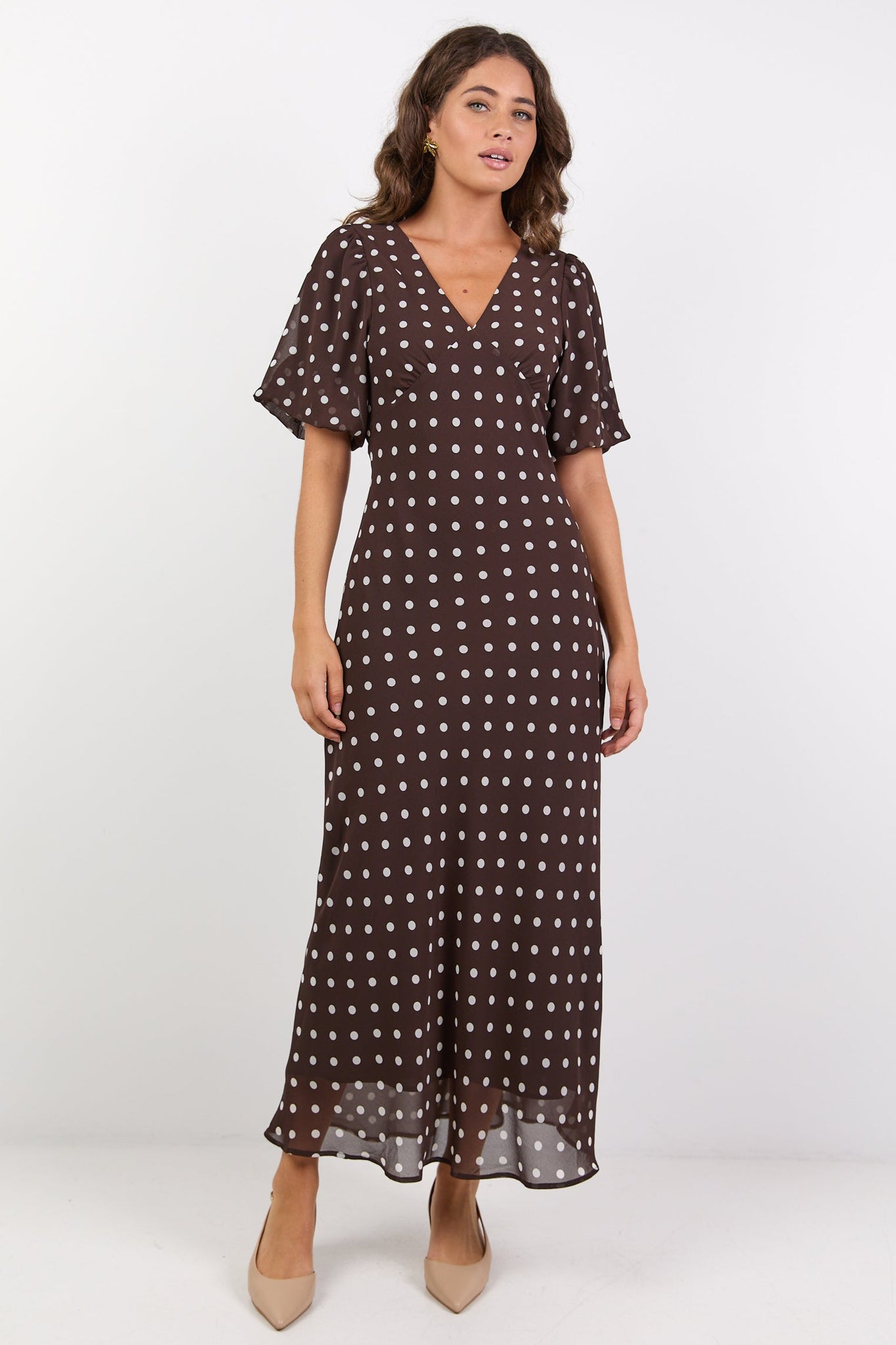 AMONG THE BRAVE AURA POLKA DOT PUFF SHORT SLEEVE BIAS MIDI DRESS