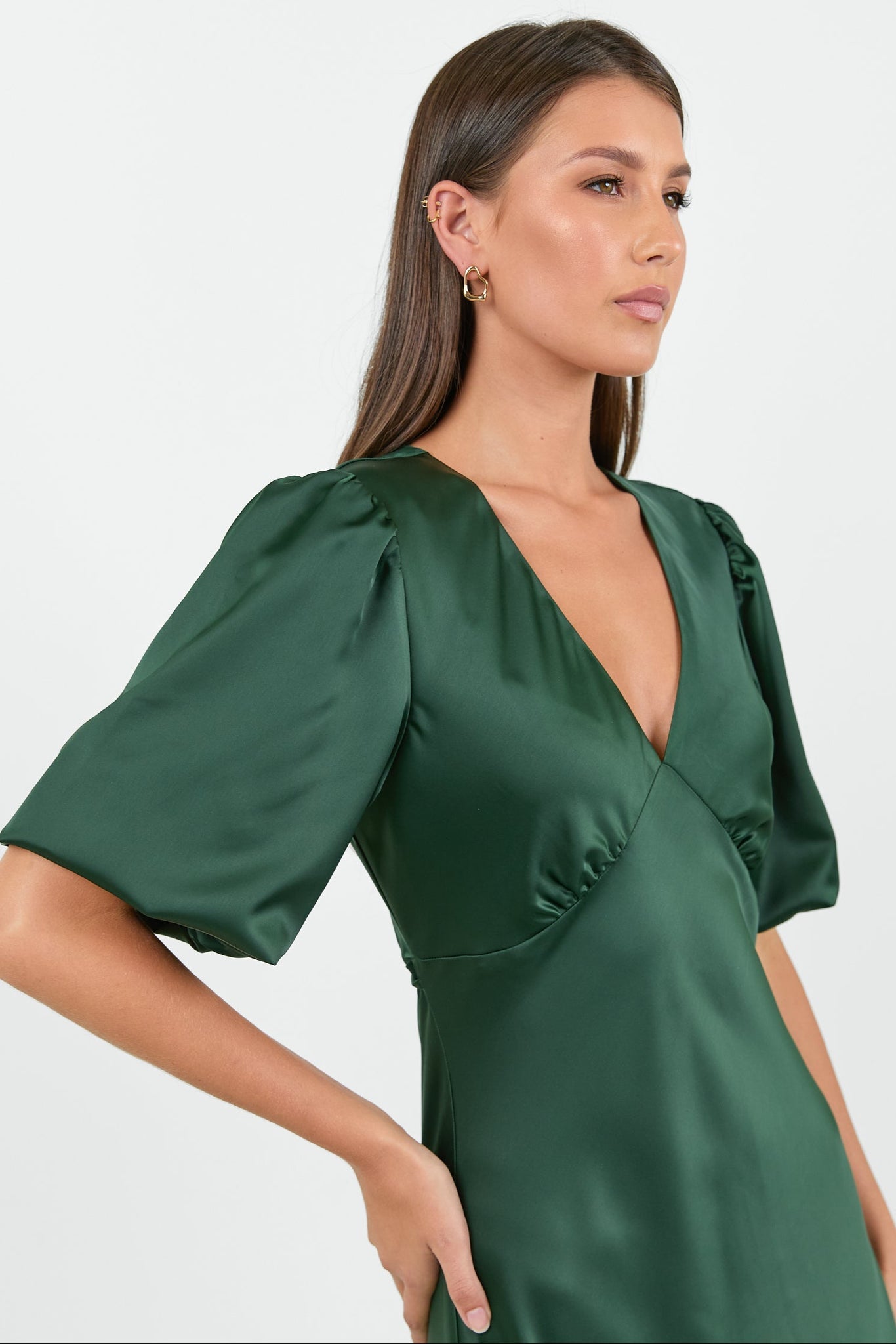 AMONG THE BRAVE AURA SATIN PUFF SHORT SLEEVE BIAS MIDI DRESS