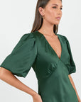 AMONG THE BRAVE AURA SATIN PUFF SHORT SLEEVE BIAS MIDI DRESS