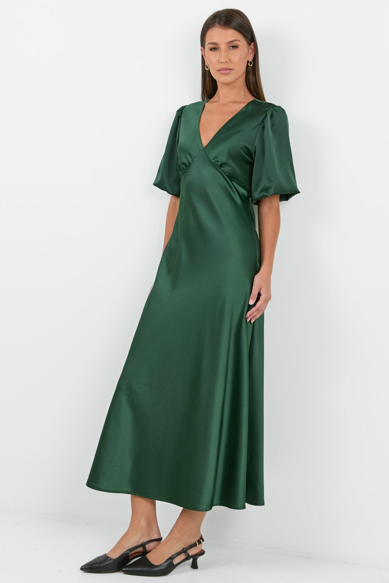 AMONG THE BRAVE AURA SATIN PUFF SHORT SLEEVE BIAS MIDI DRESS