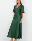 AMONG THE BRAVE AURA SATIN PUFF SHORT SLEEVE BIAS MIDI DRESS
