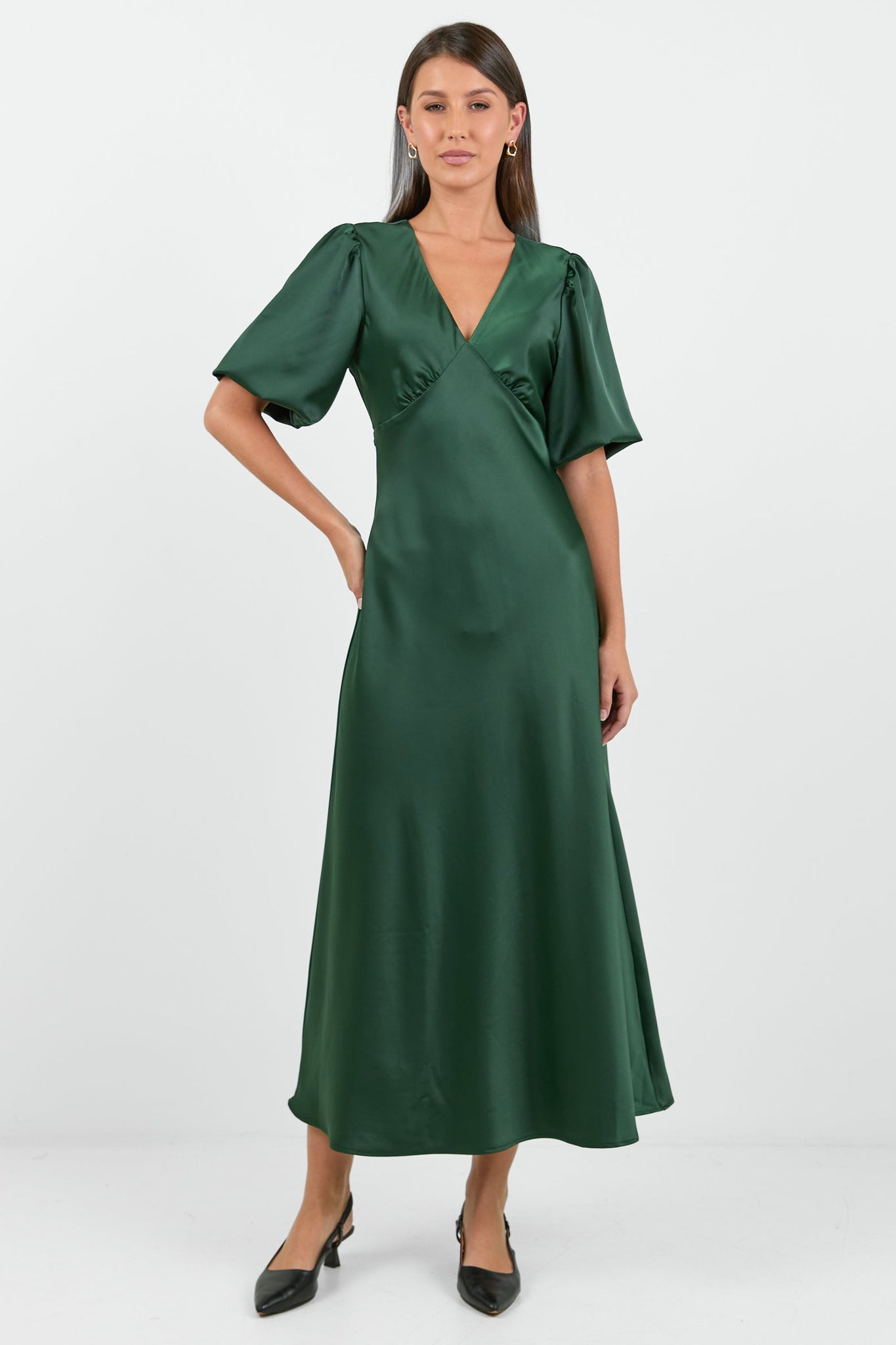 AMONG THE BRAVE AURA SATIN PUFF SHORT SLEEVE BIAS MIDI DRESS
