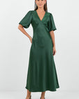 AMONG THE BRAVE AURA SATIN PUFF SHORT SLEEVE BIAS MIDI DRESS