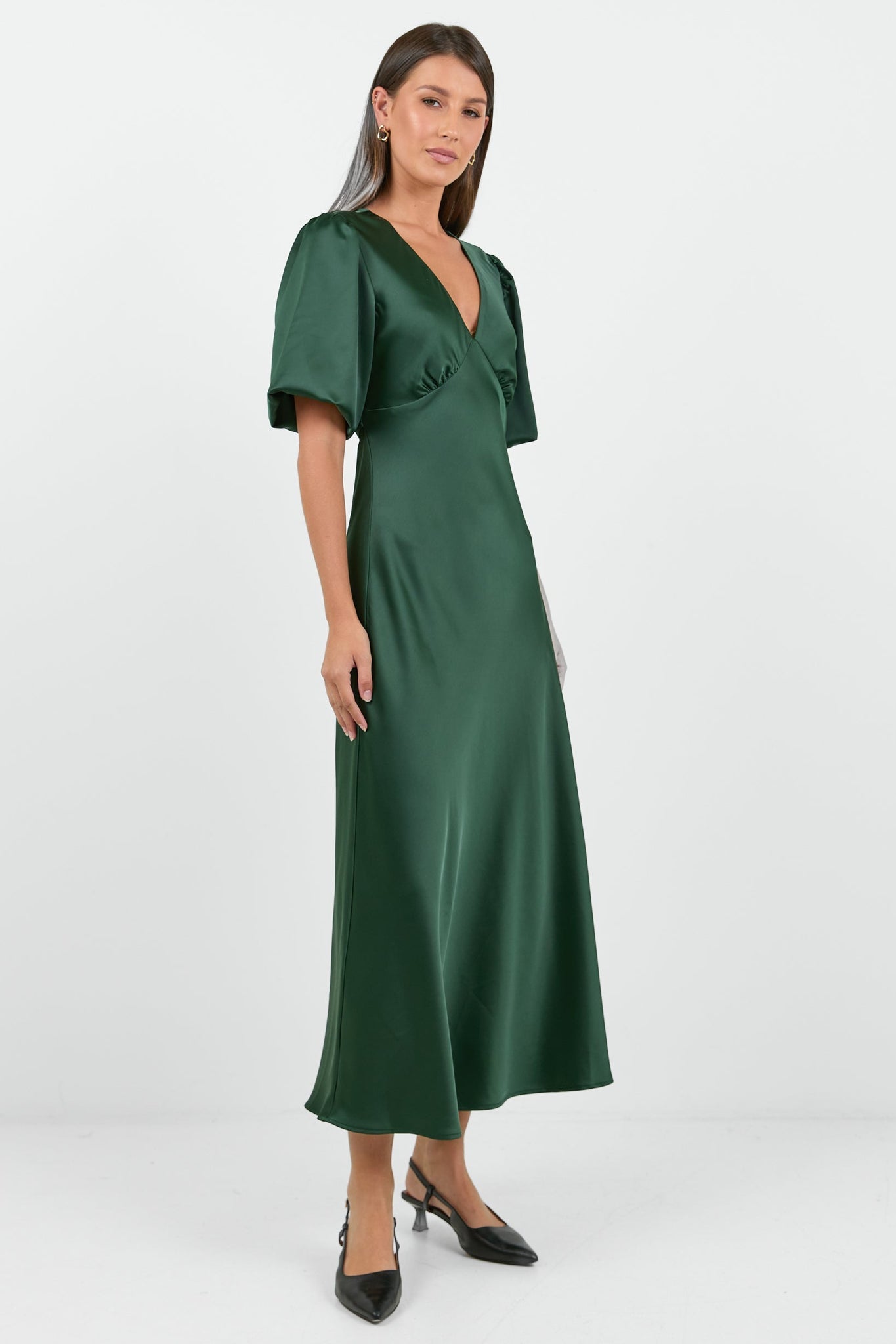 AMONG THE BRAVE AURA SATIN PUFF SHORT SLEEVE BIAS MIDI DRESS
