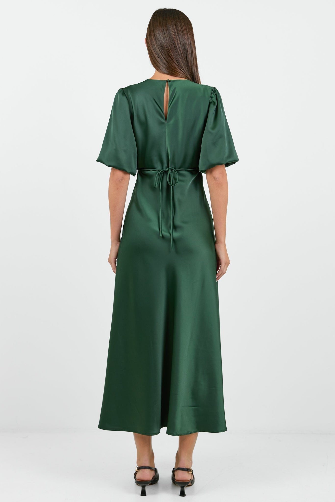 AMONG THE BRAVE AURA SATIN PUFF SHORT SLEEVE BIAS MIDI DRESS