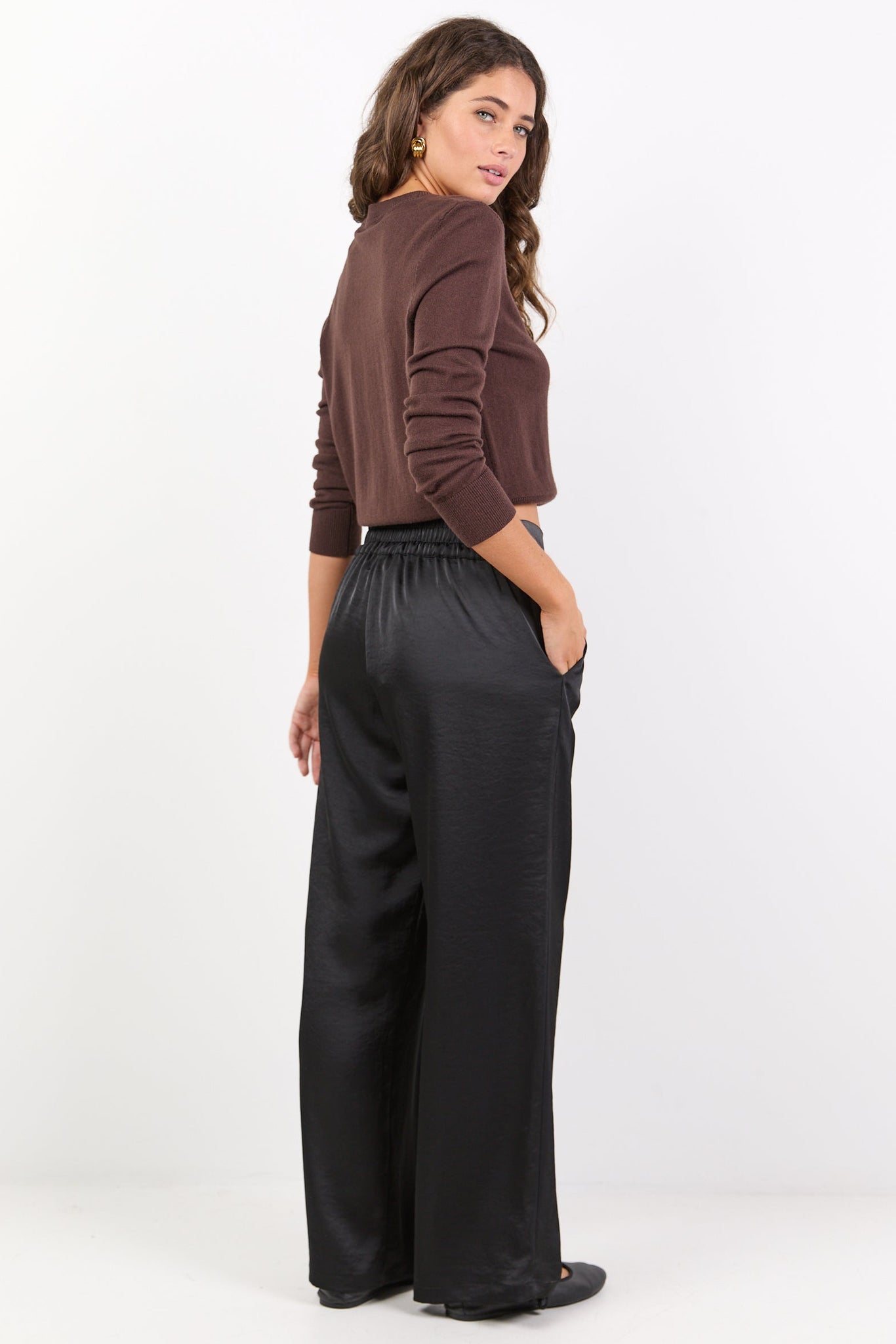 BY ROSA GRANDEUR SATIN ELASTIC BACK WIDE LEG PANTS