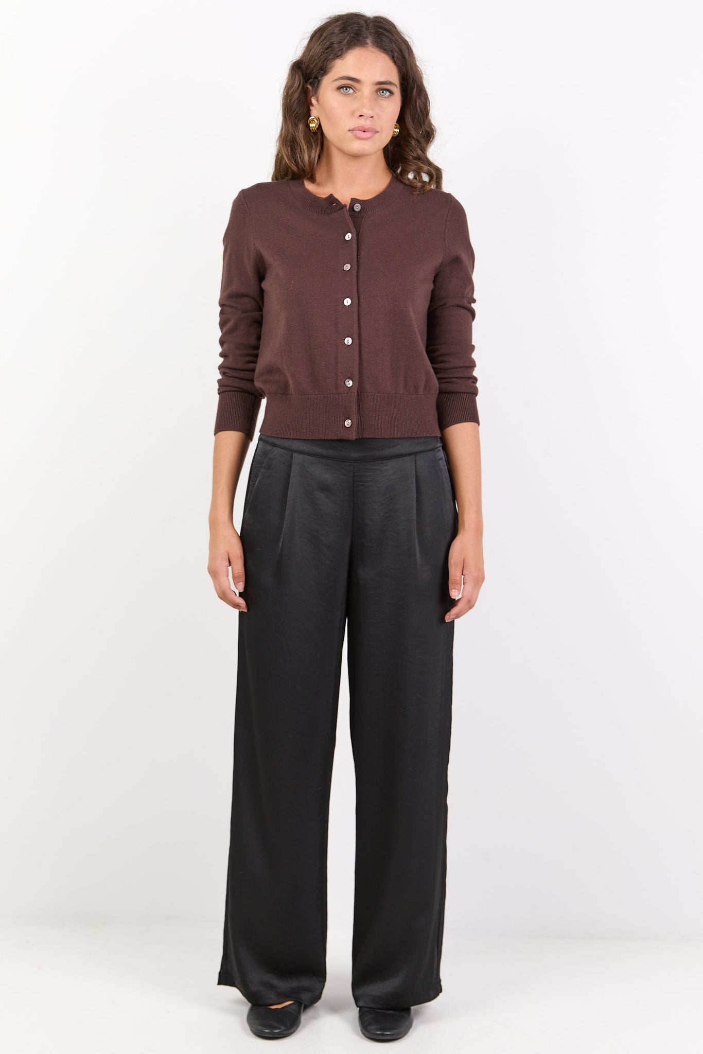 BY ROSA GRANDEUR SATIN ELASTIC BACK WIDE LEG PANTS