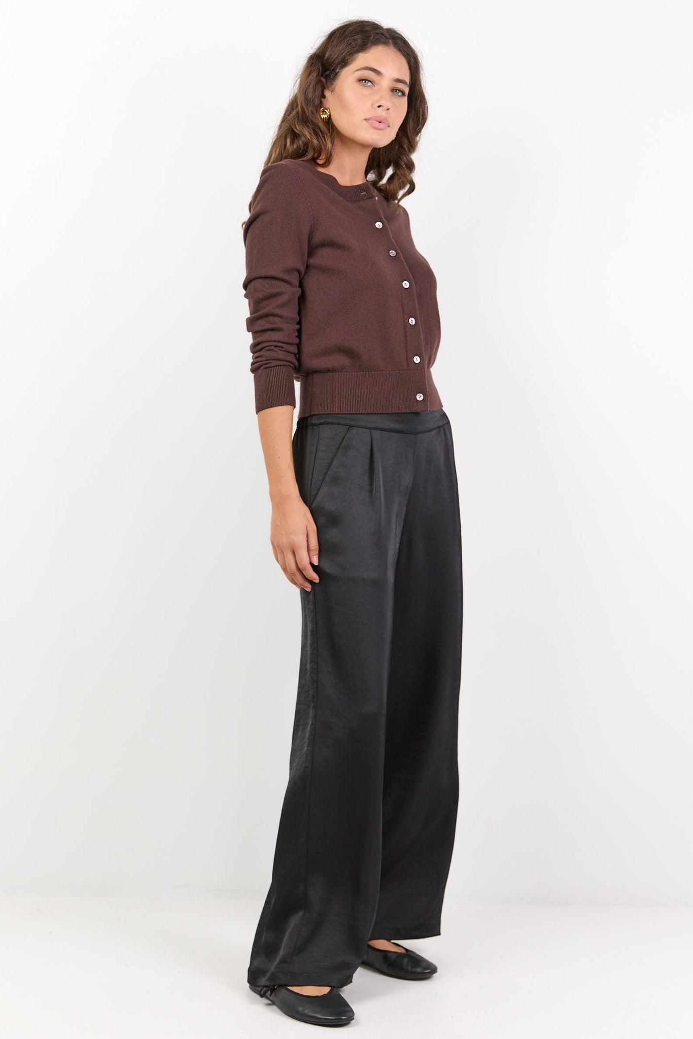 BY ROSA GRANDEUR SATIN ELASTIC BACK WIDE LEG PANTS