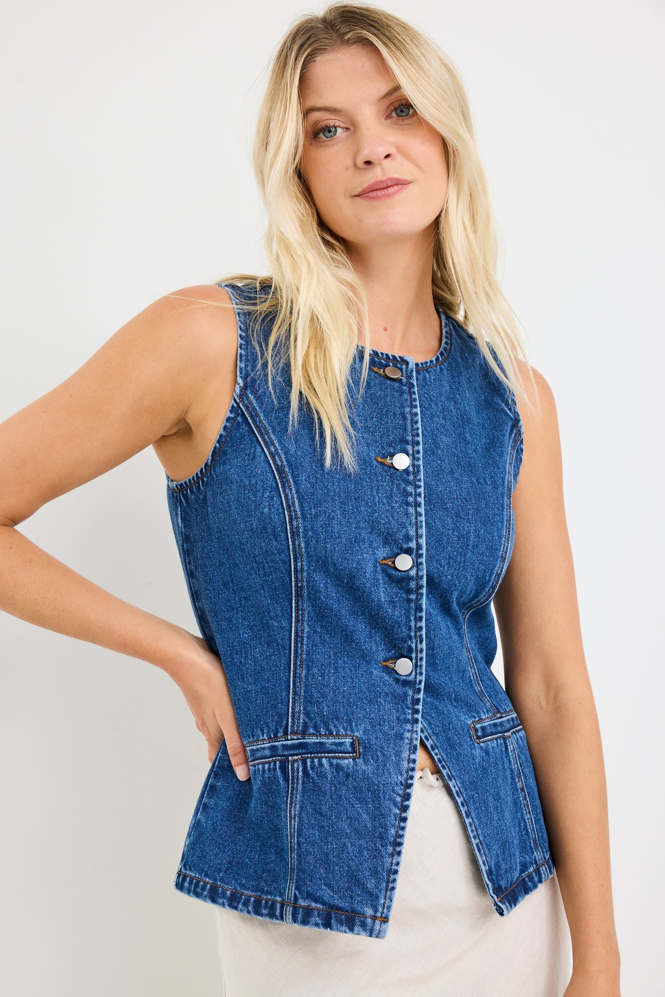 AMONG THE BRAVE BASELINE DENIM VEST TOP