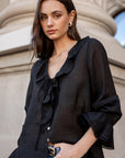 AMONG THE BRAVE BOHEMIAN BLACK SHEER FRILL FRONT BLOUSE