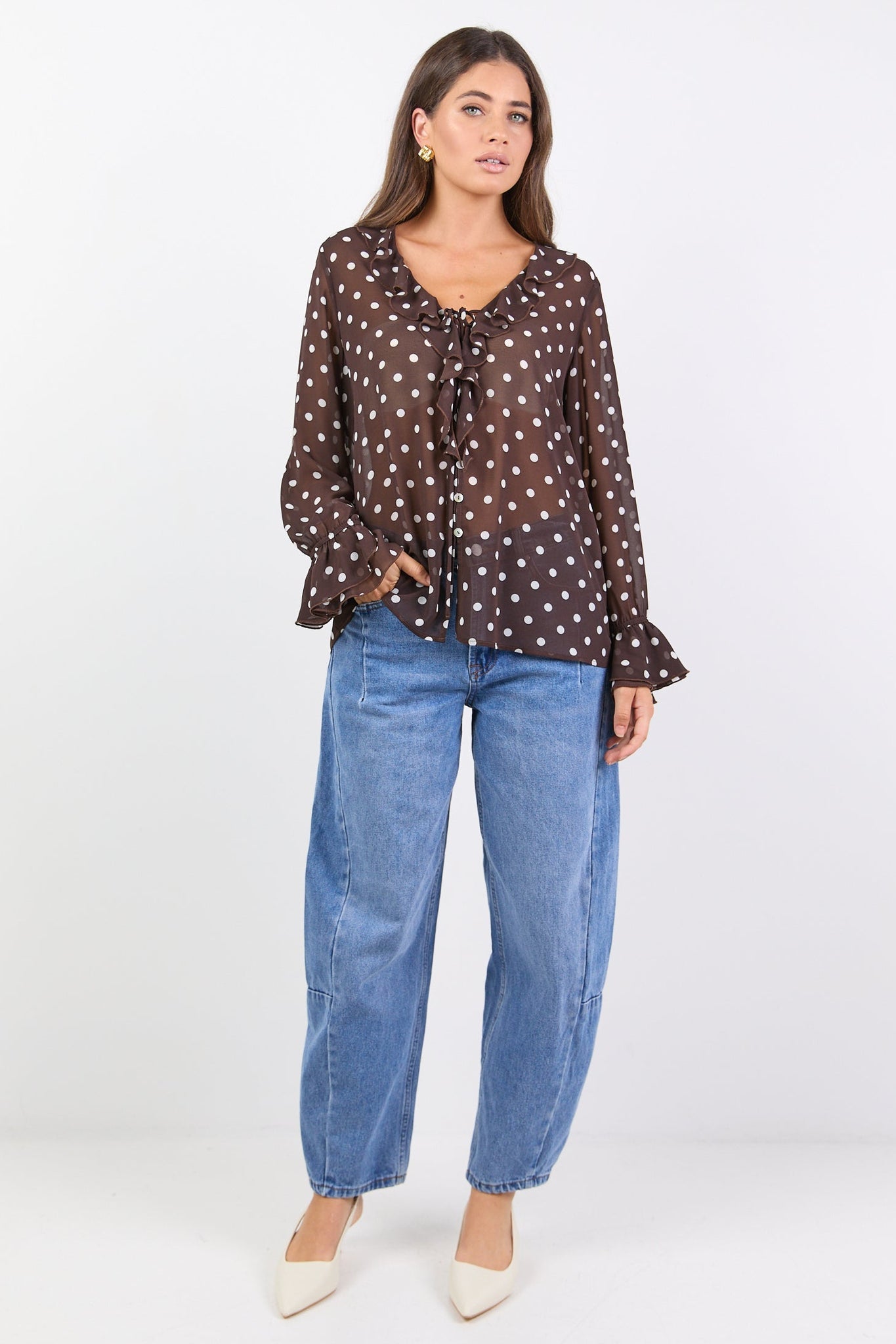 AMONG THE BRAVE BOHEMIAN POLKA DOT SHEER FRILL FRONT BLOUSE
