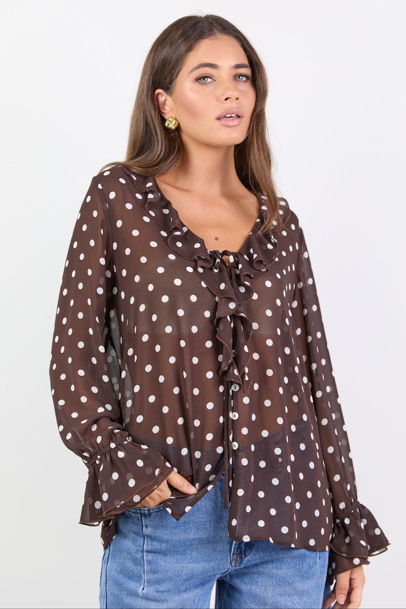 AMONG THE BRAVE BOHEMIAN POLKA DOT SHEER FRILL FRONT BLOUSE