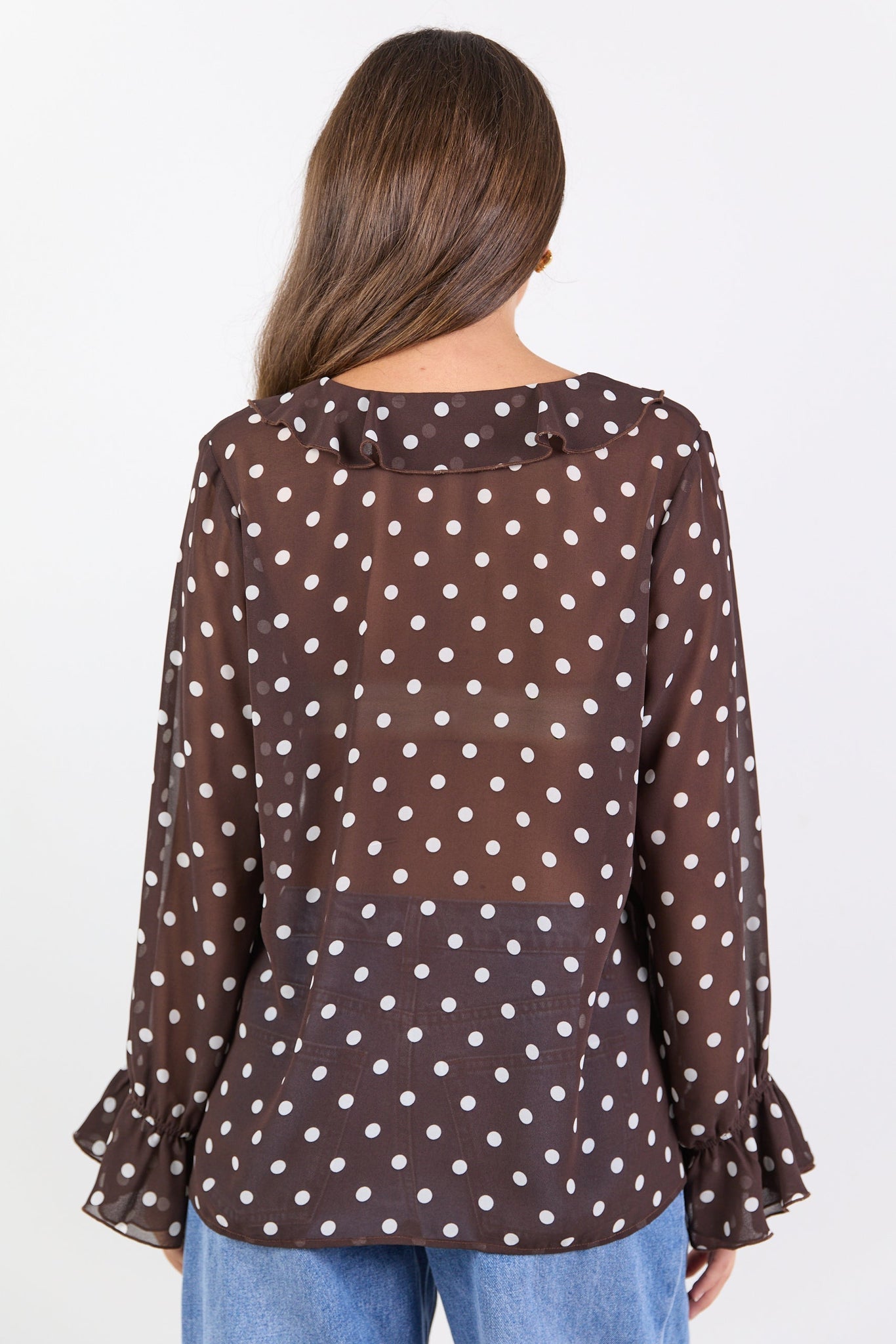 AMONG THE BRAVE BOHEMIAN POLKA DOT SHEER FRILL FRONT BLOUSE