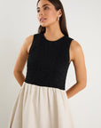 RE:UNION LINEN BLEND SS SHIRRED BODICE MIDI DRESS