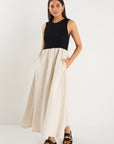 RE:UNION LINEN BLEND SS SHIRRED BODICE MIDI DRESS