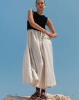 RE:UNION LINEN BLEND SS SHIRRED BODICE MIDI DRESS