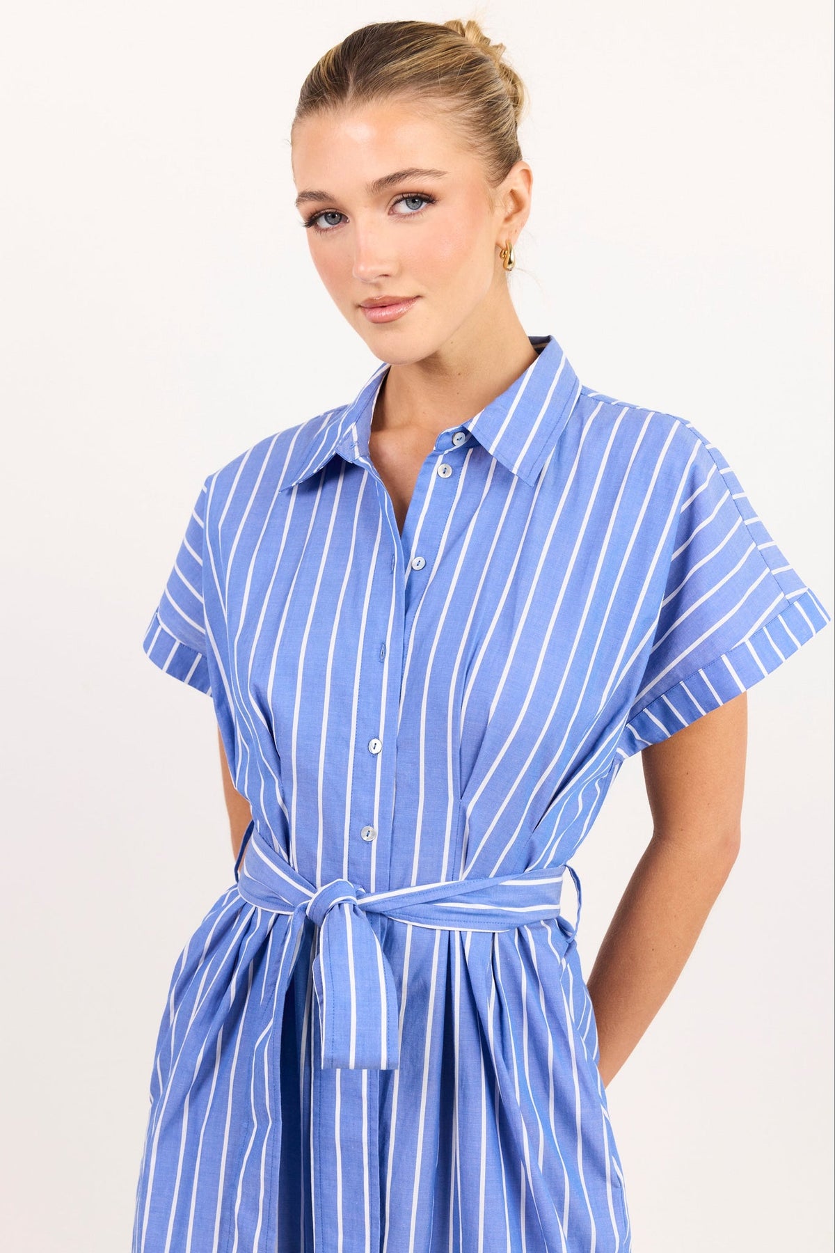 AMONG THE BRAVE CAMDEN WIDE STRIPE FIT FLARE MAXI SHIRT DRESS