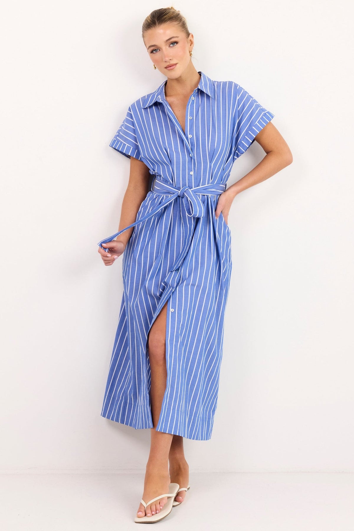 AMONG THE BRAVE CAMDEN WIDE STRIPE FIT FLARE MAXI SHIRT DRESS