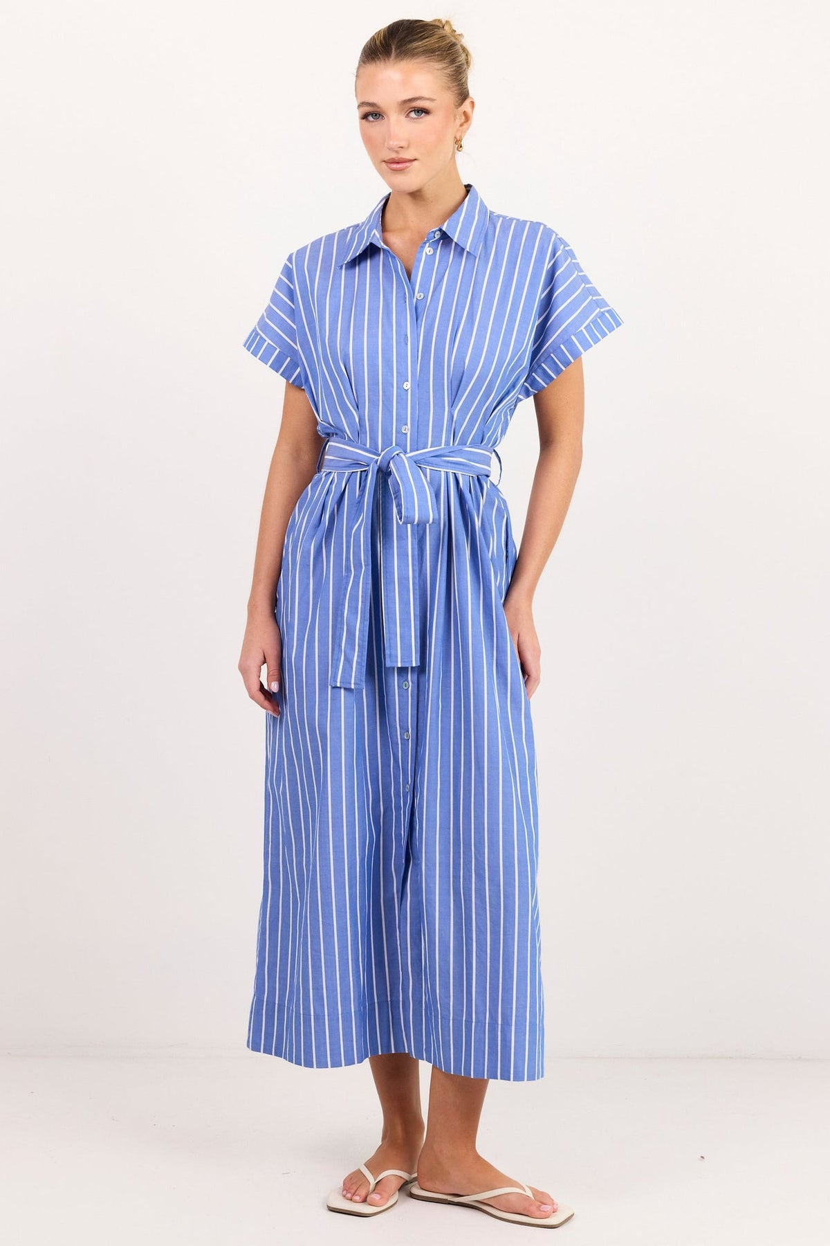 AMONG THE BRAVE CAMDEN WIDE STRIPE FIT FLARE MAXI SHIRT DRESS