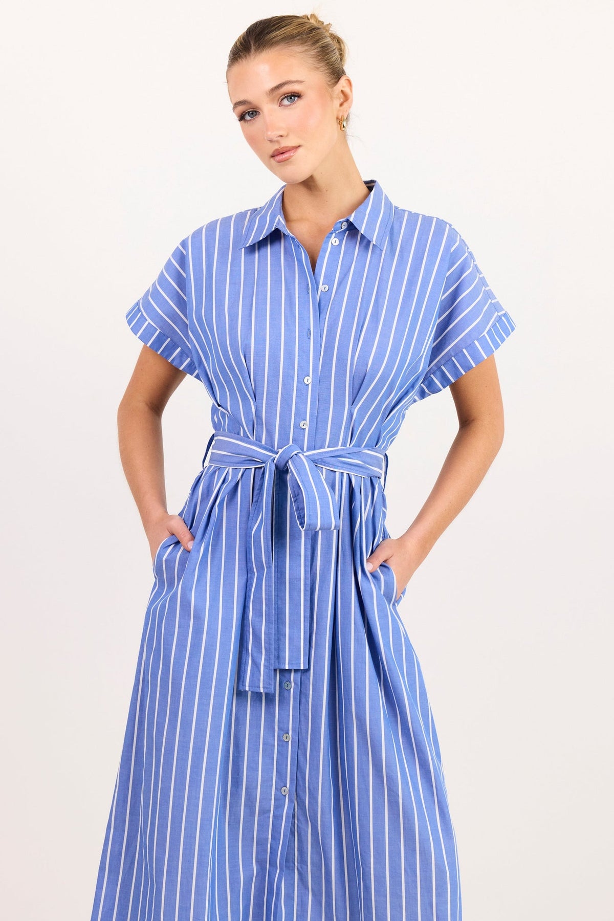 AMONG THE BRAVE CAMDEN WIDE STRIPE FIT FLARE MAXI SHIRT DRESS