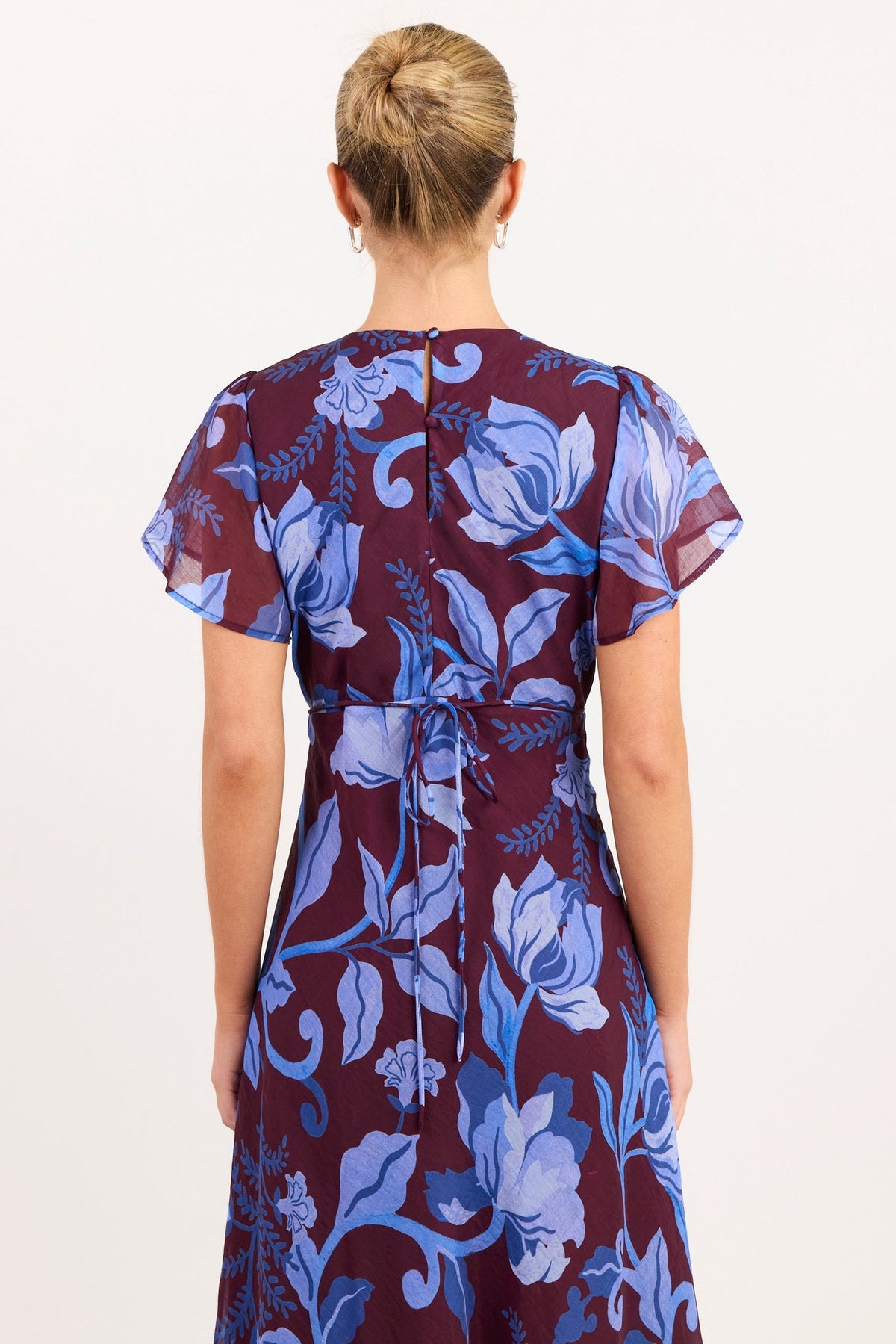 AMONG THE BRAVE CHARIOT BLUE FLORAL FLUTTER SLEEVE MAXI DRESS
