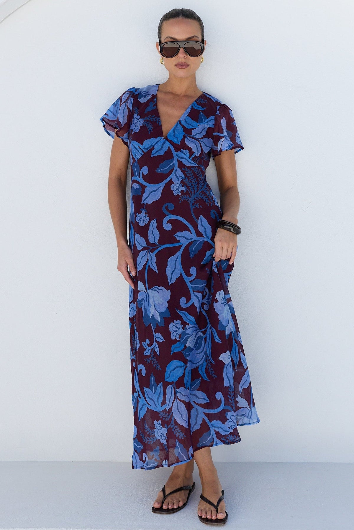 AMONG THE BRAVE CHARIOT BLUE FLORAL FLUTTER SLEEVE MAXI DRESS