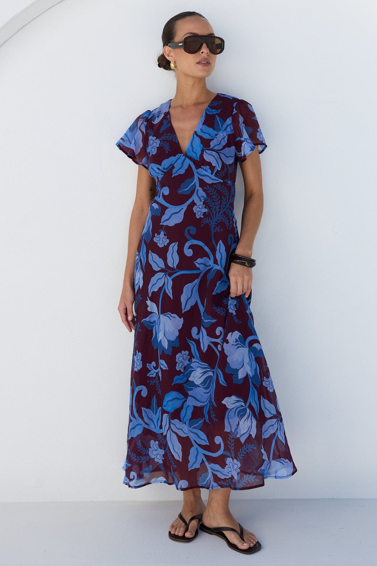 AMONG THE BRAVE CHARIOT BLUE FLORAL FLUTTER SLEEVE MAXI DRESS