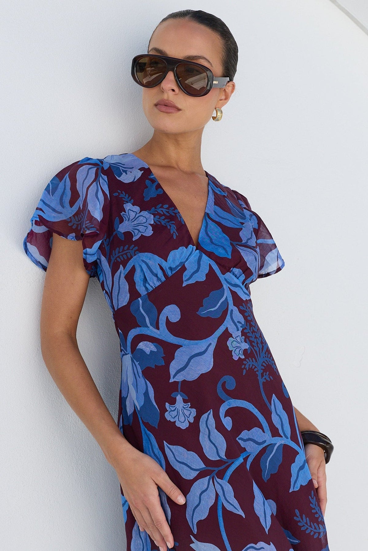 AMONG THE BRAVE CHARIOT BLUE FLORAL FLUTTER SLEEVE MAXI DRESS