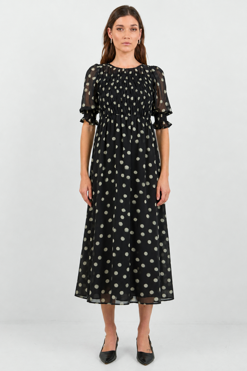 IVY + JACK SHOWCASE POLKA DOT GEORGETTE PUFF SLEVEE MAXI DRESS