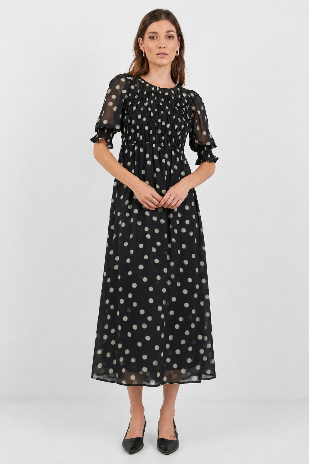 IVY + JACK SHOWCASE POLKA DOT GEORGETTE PUFF SLEVEE MAXI DRESS