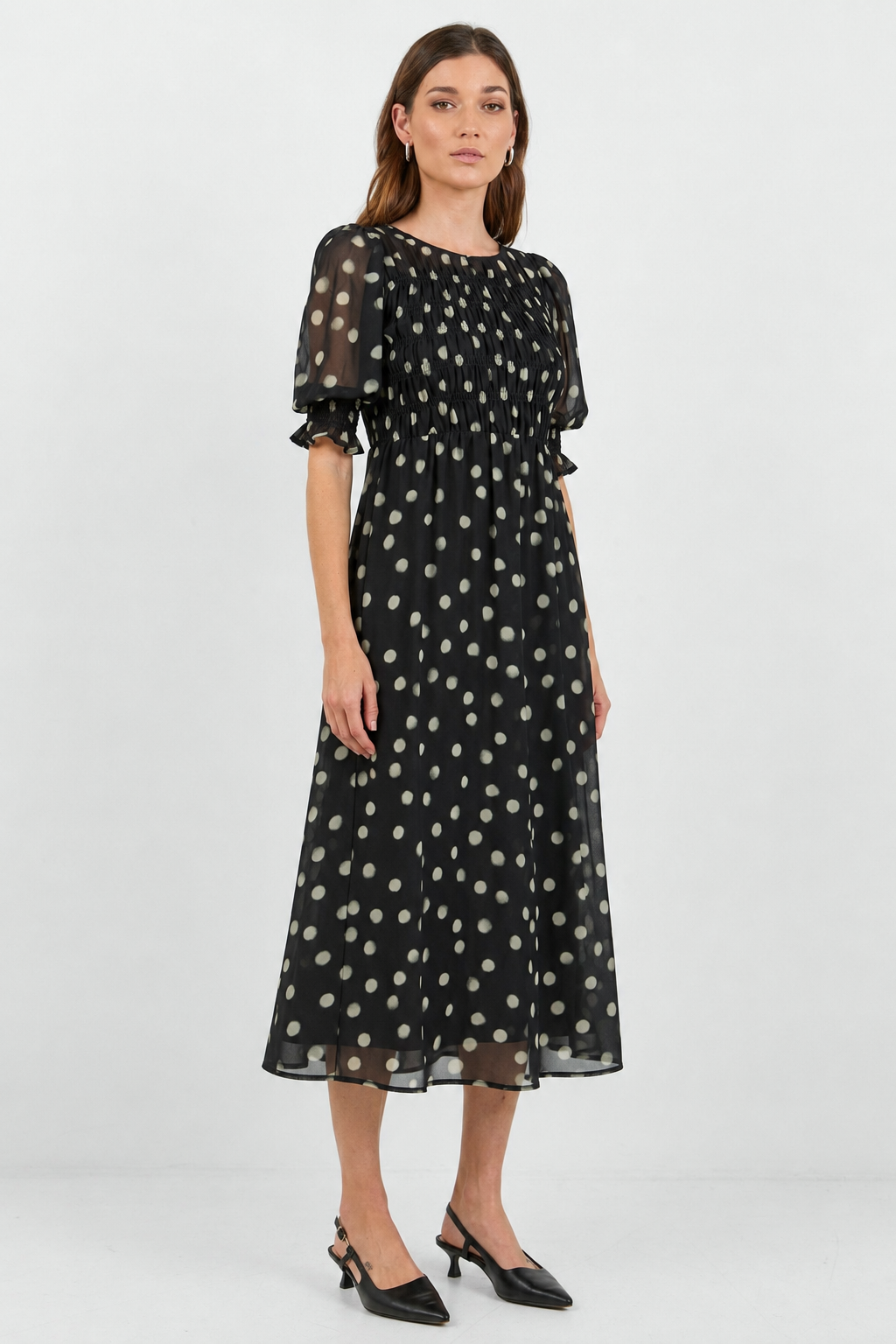 IVY + JACK SHOWCASE POLKA DOT GEORGETTE PUFF SLEVEE MAXI DRESS