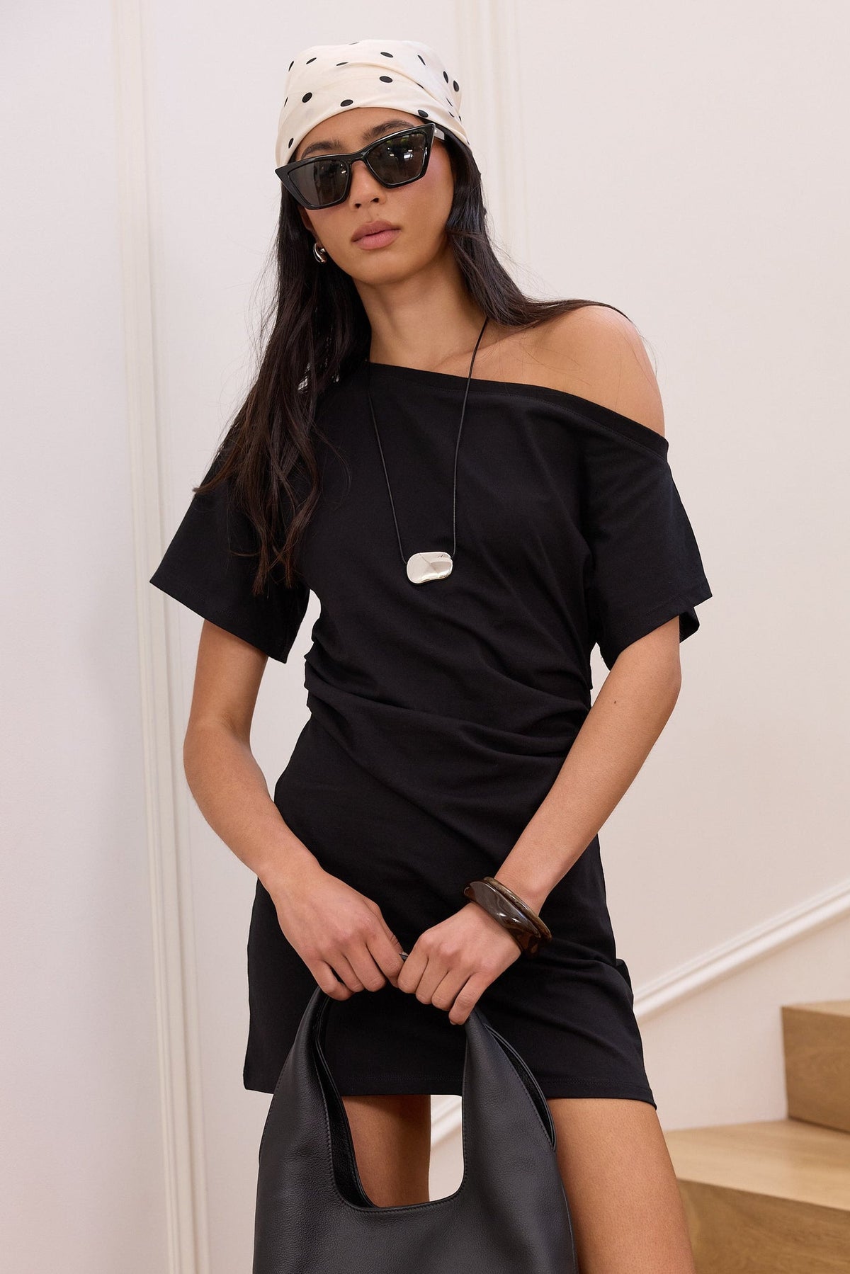 STORIES BE TOLD CHATTER RUCHED MINI TEE SHIRT DRESS