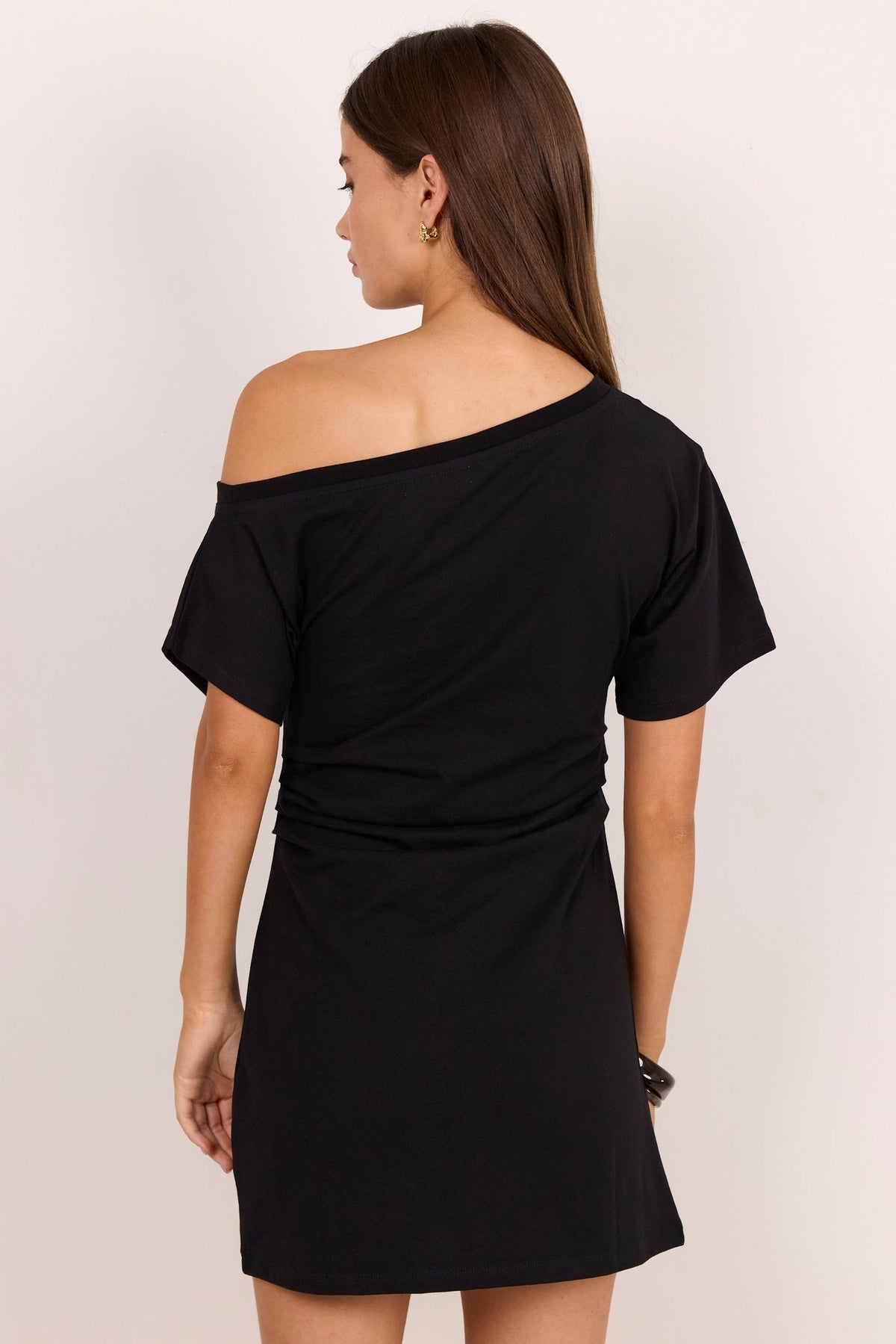 STORIES BE TOLD CHATTER RUCHED MINI TEE SHIRT DRESS