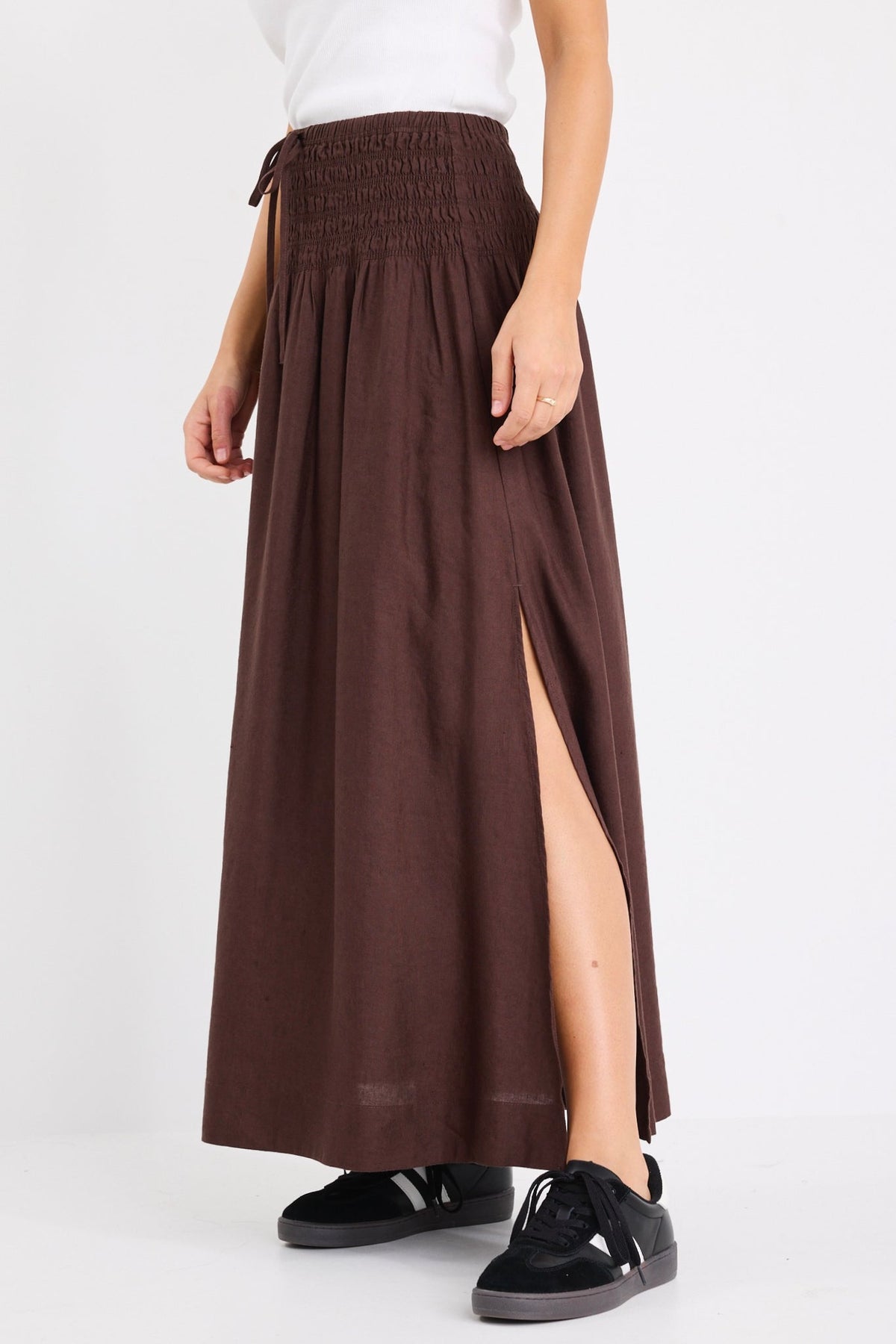 RE:UNION BYRON LINEN BLEND SHIRRED WAIST MAXI SKIRT