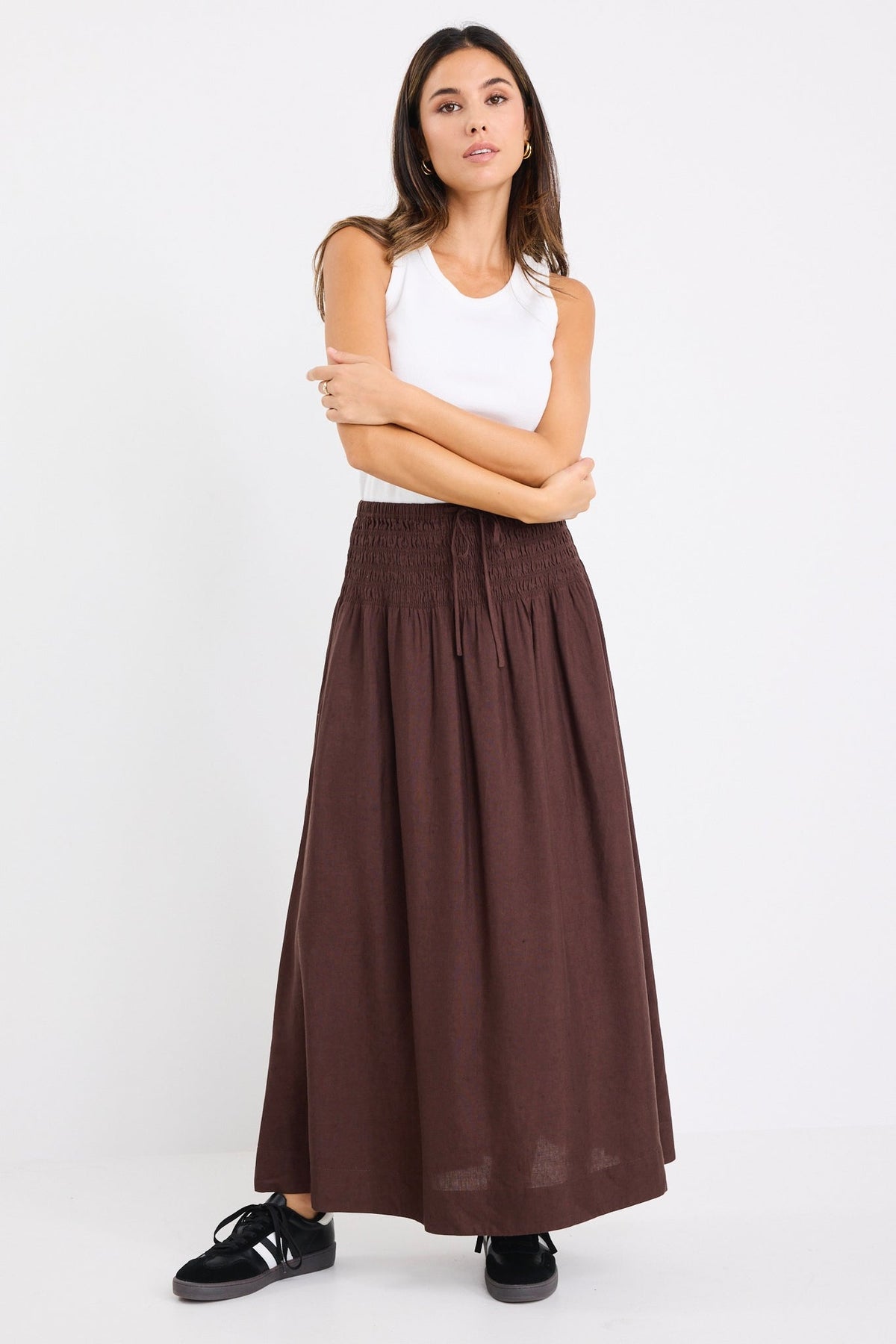RE:UNION BYRON LINEN BLEND SHIRRED WAIST MAXI SKIRT
