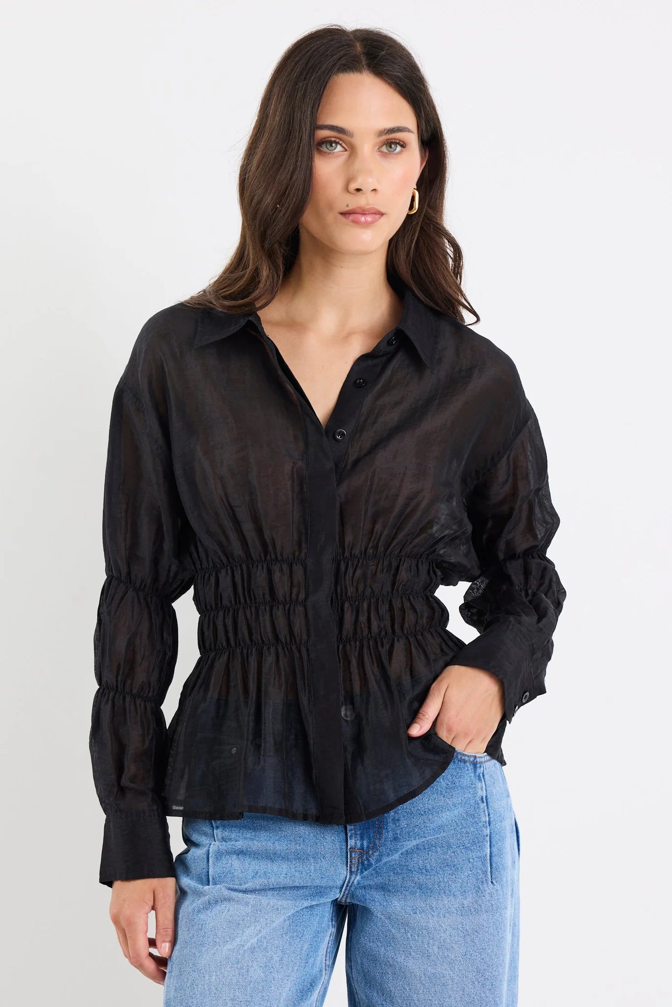 STORIES BE TOLD COMPOSITE SHEER SHIRRED BODY SHIRT
